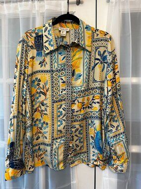 Rachel Zoe Tropical Tile Print Blouse Blue Yellow Button Front Size Large